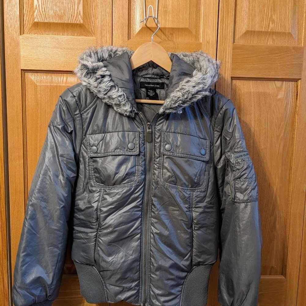 Calvin Klein Jeans Gray Hooded Insulated Winter Jacket sz L